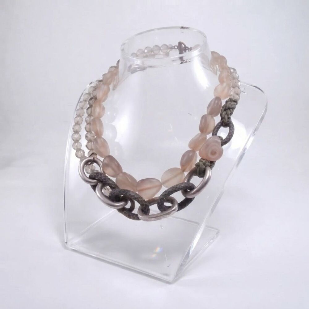 NWT 598 Designer Lucite ROCK Crystal Brass Glass Layer Necklace